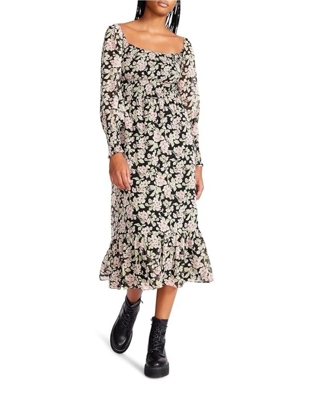 Betsey Johnson Black Dress with Pink Floral Print, Long Sleeve Midi